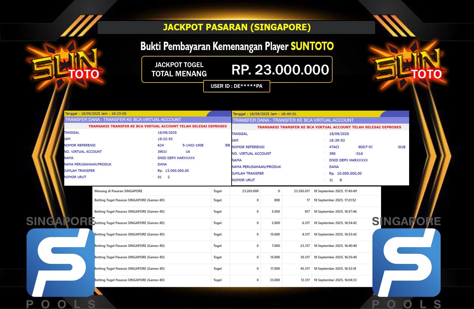 SUNTOTO JACKPOT PASARAN (SINGAPORE) Rp.23.000.000,- LUNAS