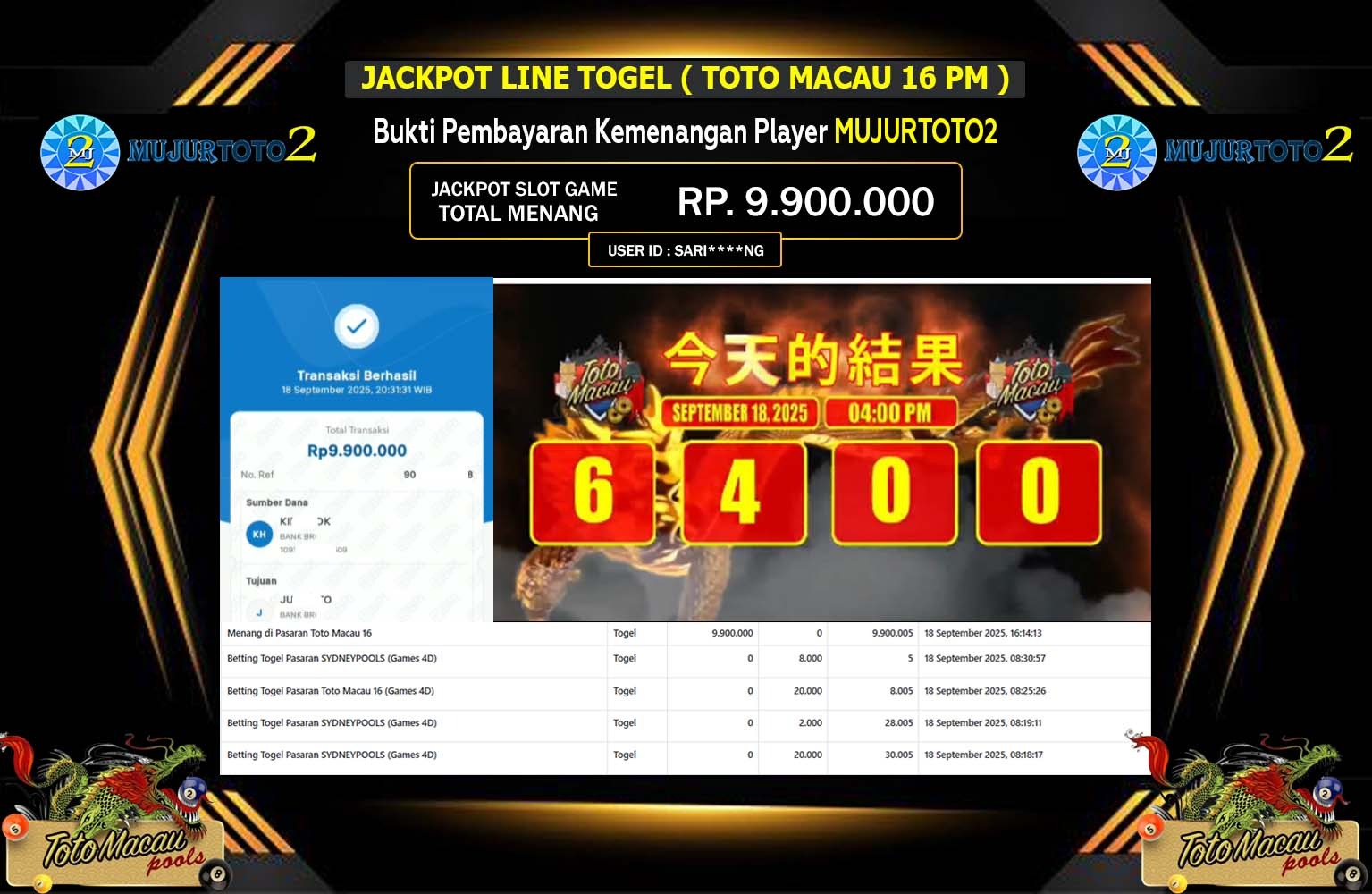 MUJURTOTO2 JACKPOT LINE TOGEL (TOTO MACAU 16) Rp.9.900.000,- LUNAS