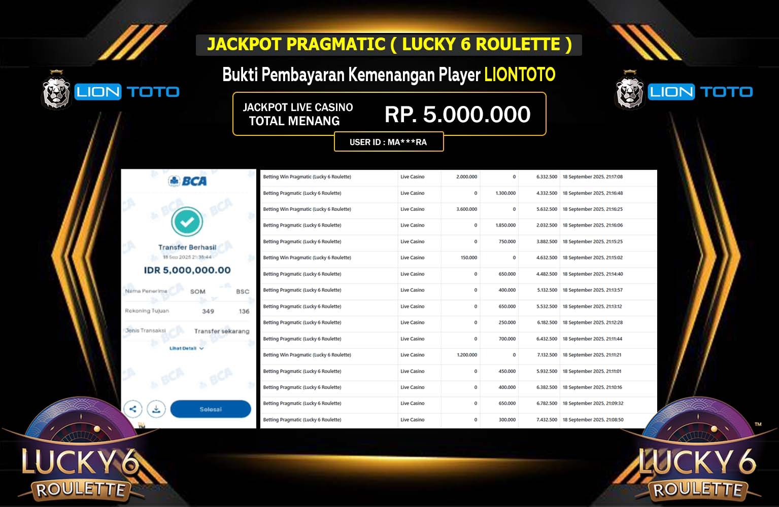 LIONTOTO JACKPOT PRAGMATIC (LUCKY 6 ROULETTE) Rp.5.000.000,- LUNAS