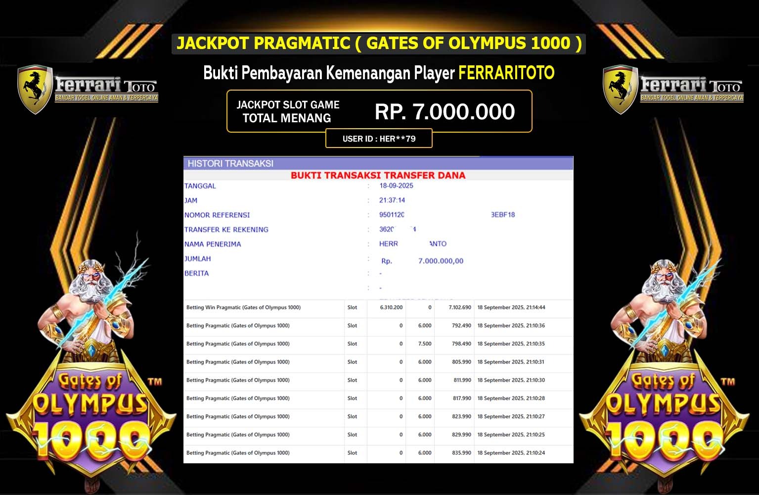 FERRARITOTO JACKPOT PRAGMATIC (GATES OF OLYMPUS 1000) Rp.7.000.000,- LUNAS