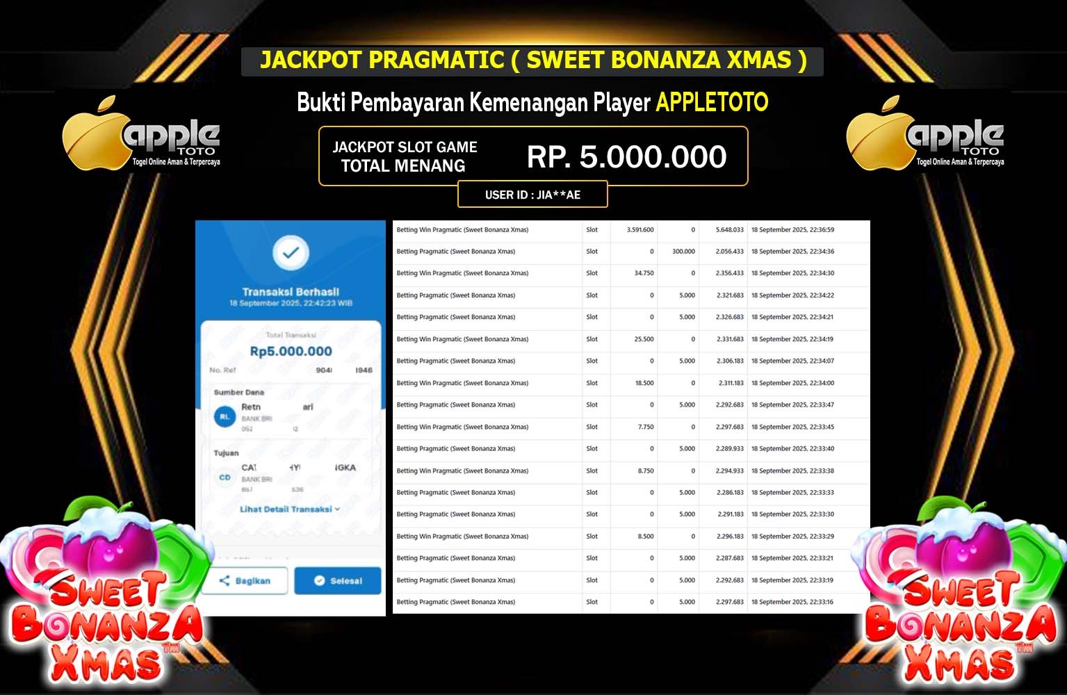 APPLETOTO JACKPOT PRAGMATIC (SWEET BONANZA XMAS) Rp.5.000.000,- LUNAS