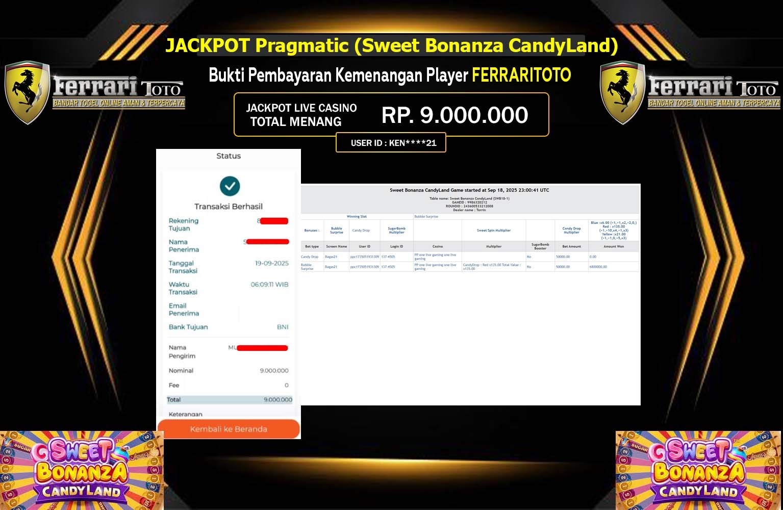 FERRARITOTO JACKPOT PRAGMATIC (SWEET BONANZA CANDYLAND) Rp.9.000.000,- LUNAS