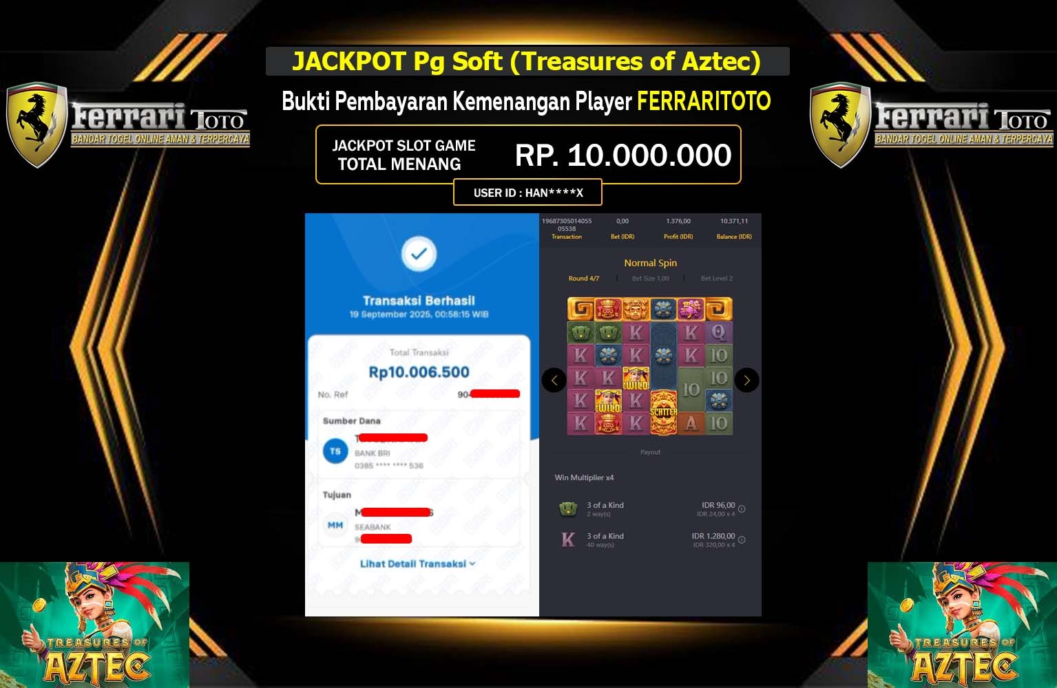 FERRARITOTO JACKPOT PG SOFT (TREASURES OF AZTEC) Rp.10.000.000,- LUNAS