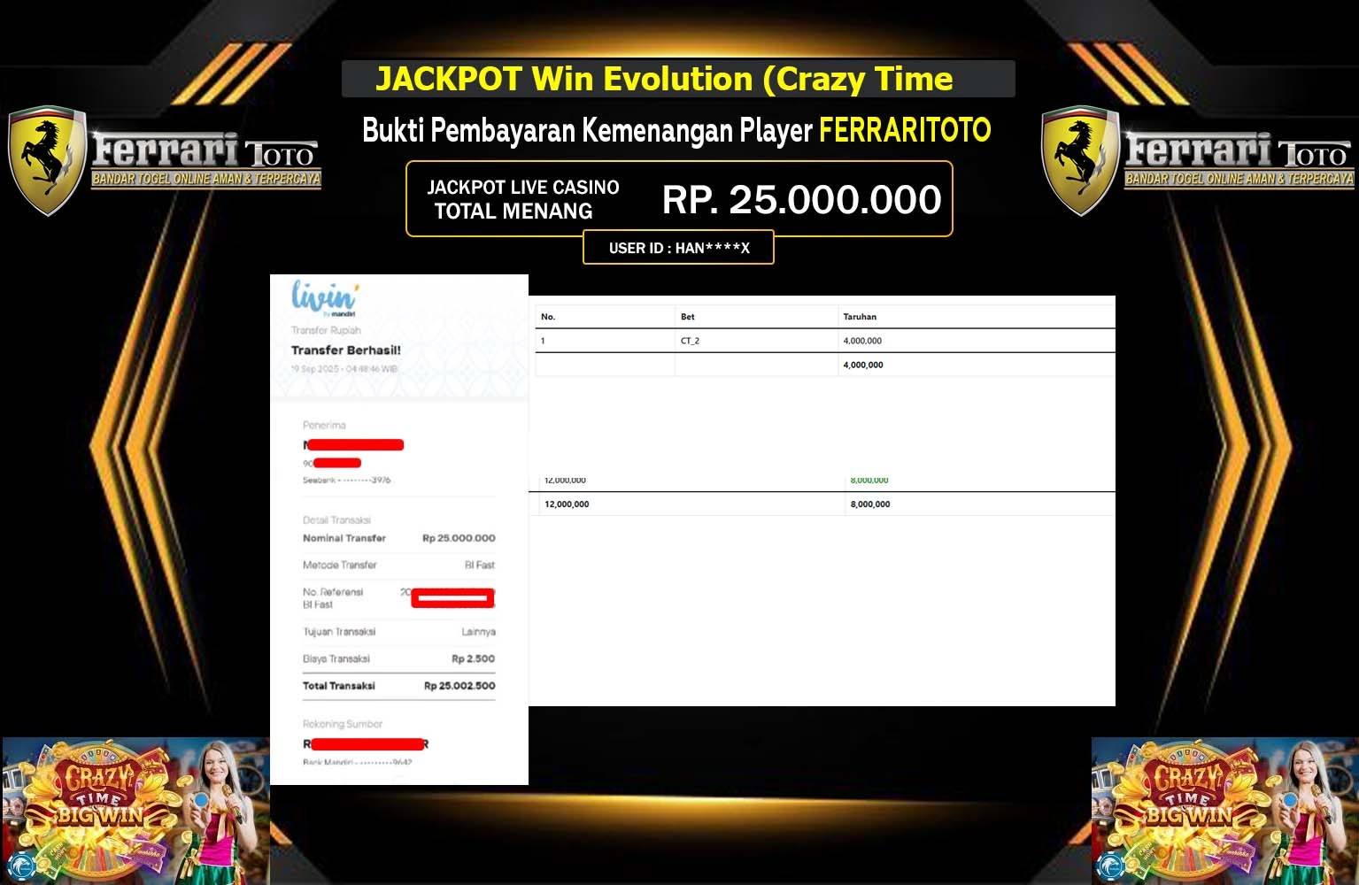 FERRARITOTO JACKPOT EVOLUTION (CRAZY TIME) Rp.25.000.000,- LUNAS