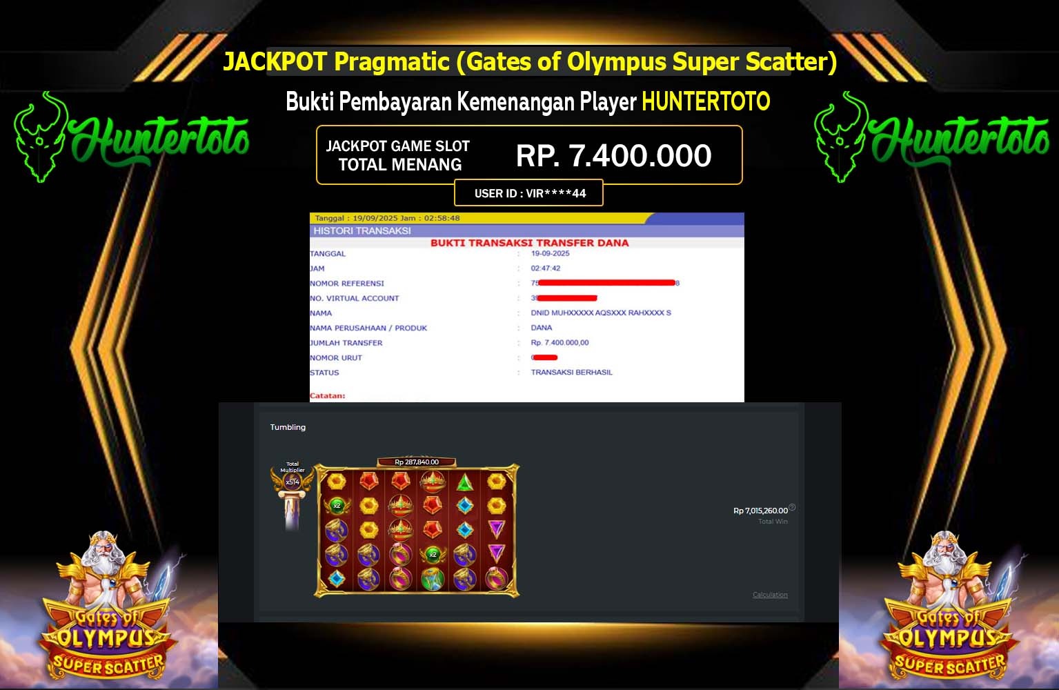 HUNTERTOTO JACKPOT PRAGMATIC (GATES OF OLYMPUS SUPER SCATTER) Rp.7.400.000,- LUNAS