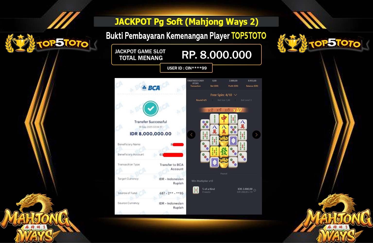 TOP5TOTO JACKPOT PG SOFT (MAHJONG WAYS 2) Rp.8.000.000,- LUNAS