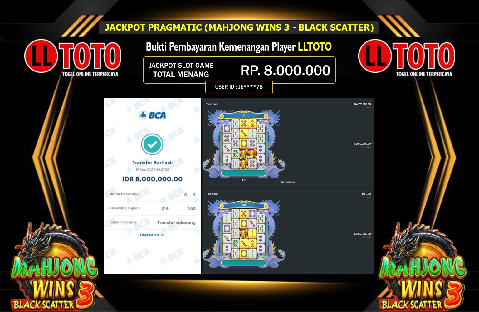 LLTOTO JACKPOT PRAGMATIC (MAHJONG WINS 3 - BLACK SCATTER) Rp.8.000.000,- LUNAS
