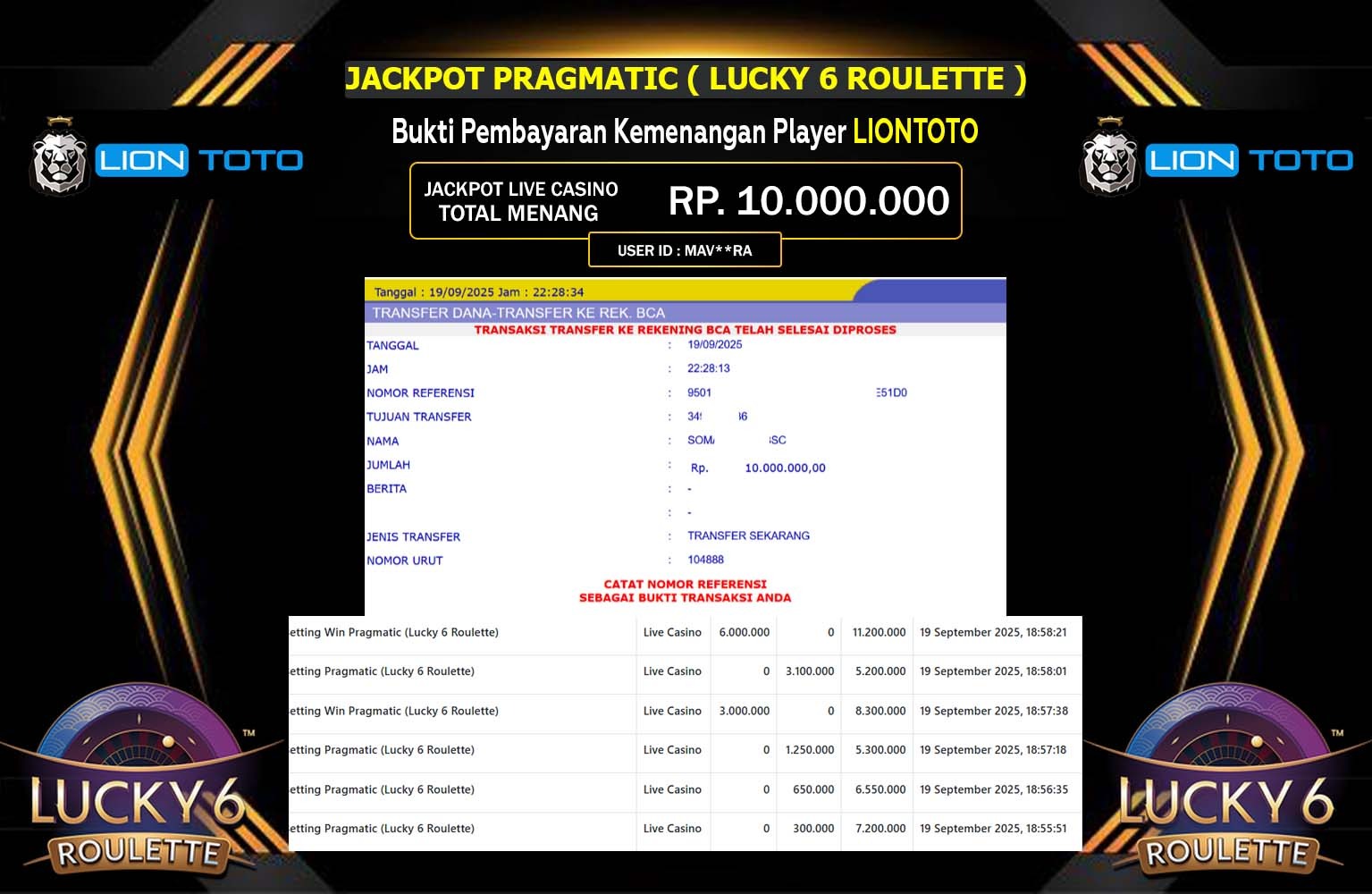 LIONTOTO JACKPOT PRAGMATIC (LUCKY 6 ROULETTE) Rp.10.000.000,- LUNAS