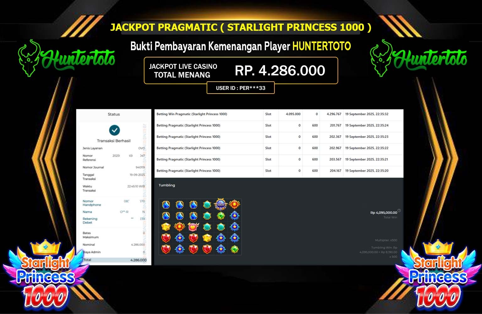 HUNTERTOTO JACKPOT PRAGMATIC (Starlight Princess 1000) Rp.4.286.000,- LUNAS