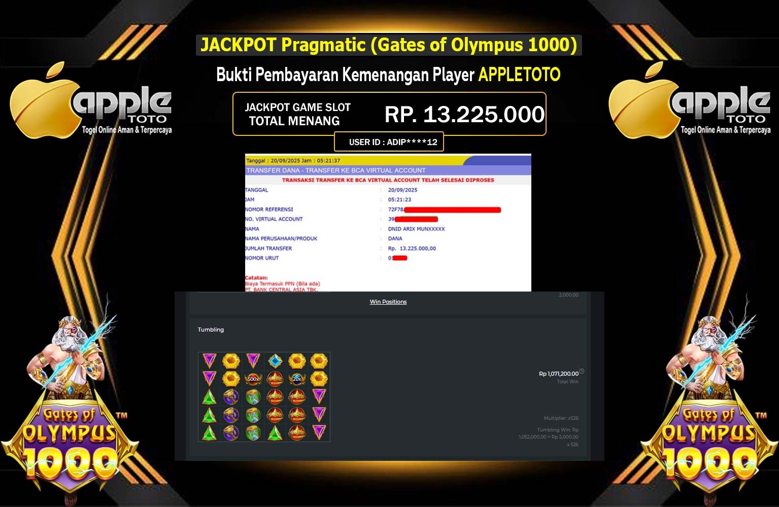 APPLETOTO JACKPOT Pragmatic (Gates of Olympus 1000) Rp.13.225.000,- LUNAS