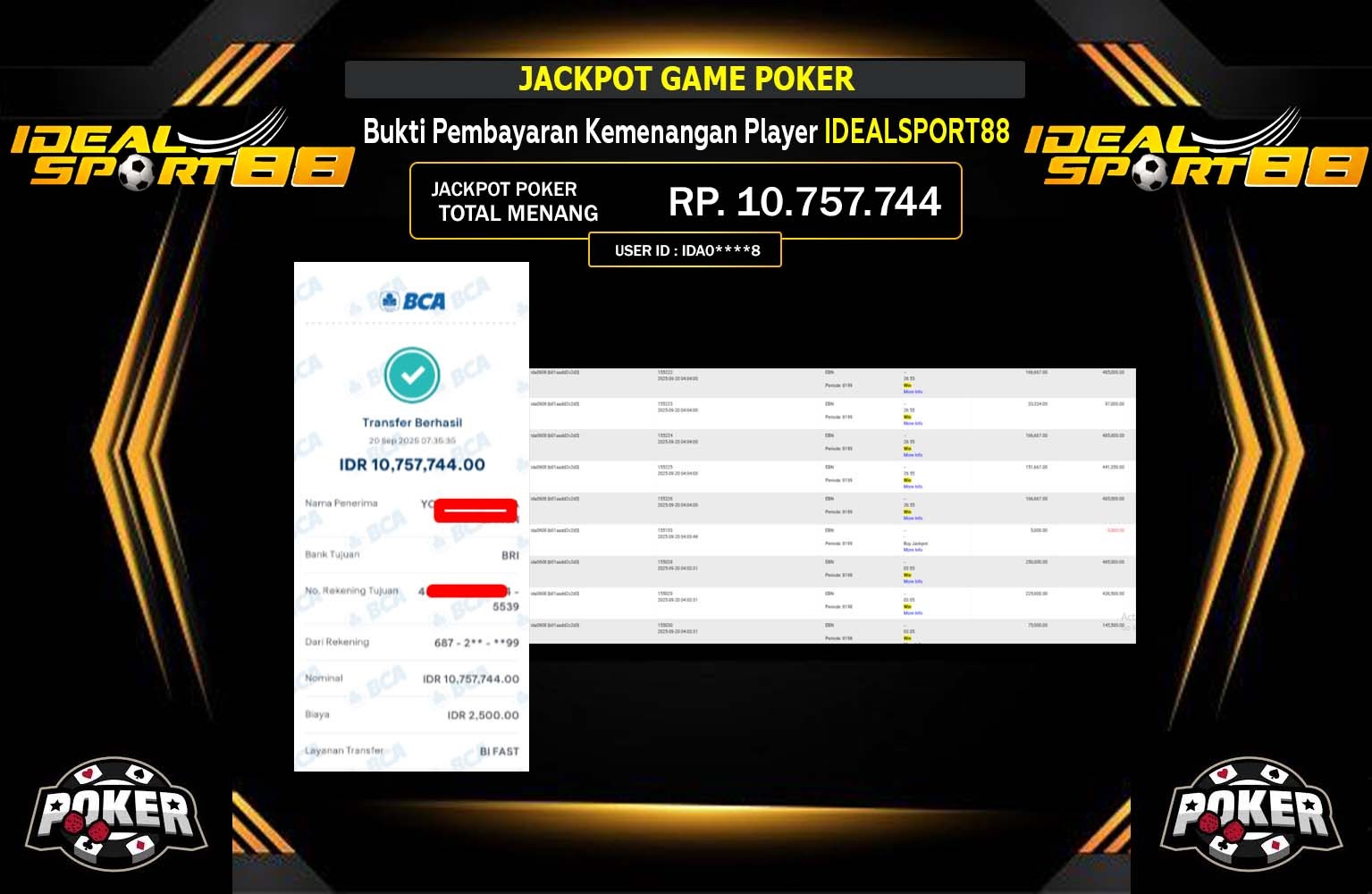 IDEALSPORT88 JACKPOT POKER (GAME POKER) Rp.10.757.744,- LUNAS