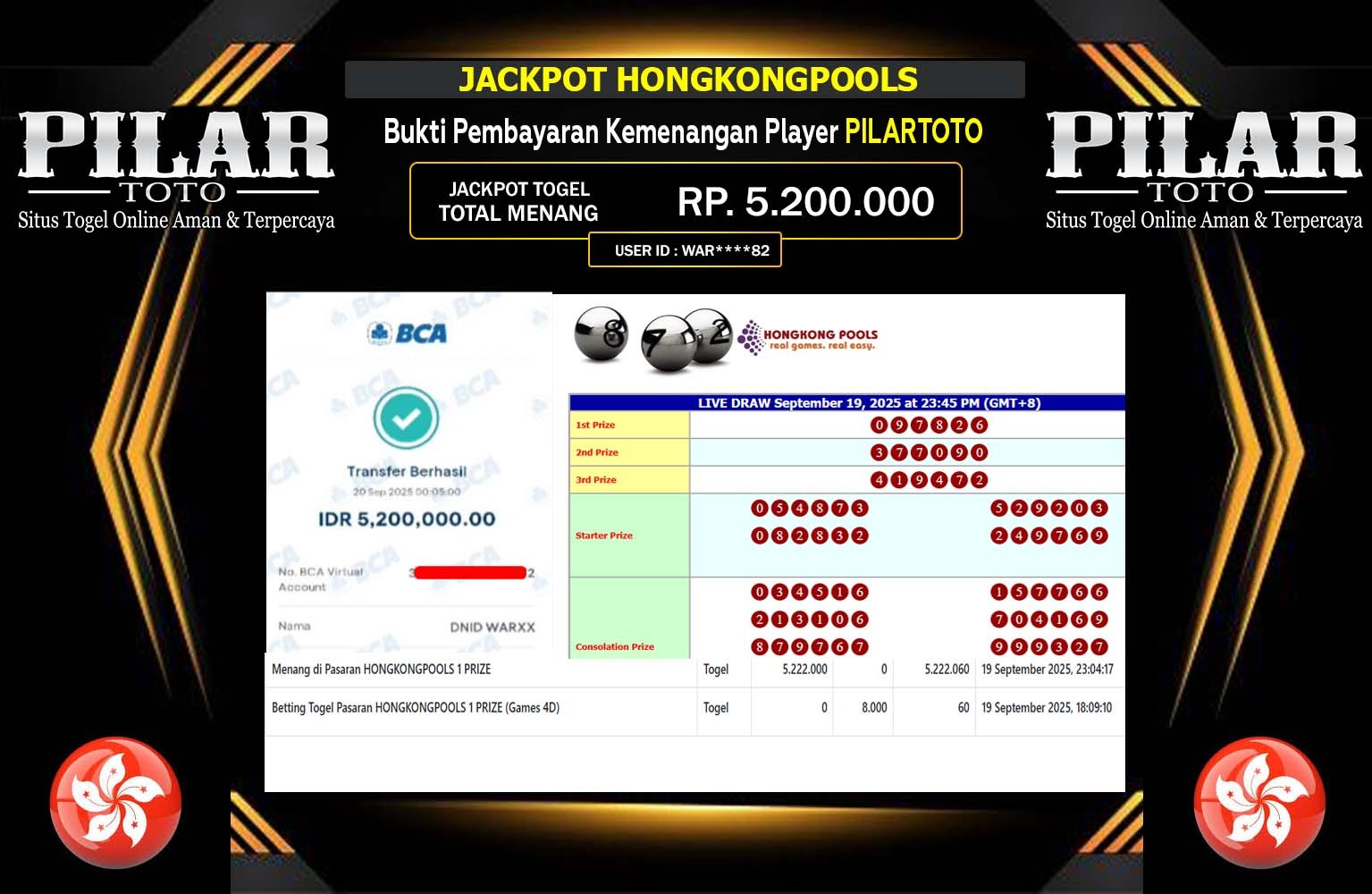 PILARTOTO JACKPOT PASARAN HONGKONGPOOLS Rp.5.200.000,- LUNAS