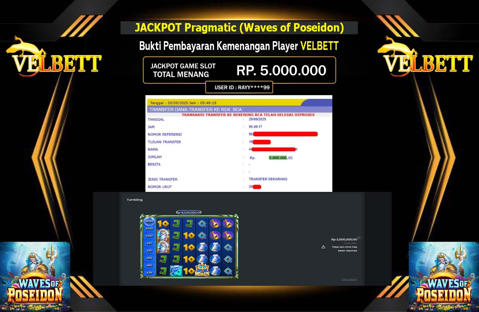 VELBETT JACKPOT Pragmatic (Waves of Poseidon) Rp.5.000.000,- LUNAS