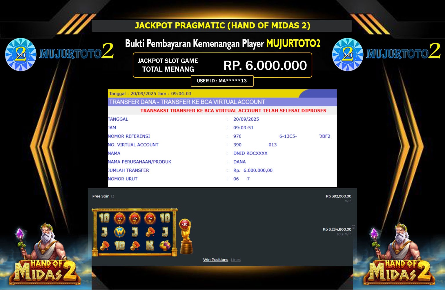 MUJURTOTO2 JACKPOT PRAGMATIC (HAND OF MIDAS 2) Rp.6.000.000,- LUNAS