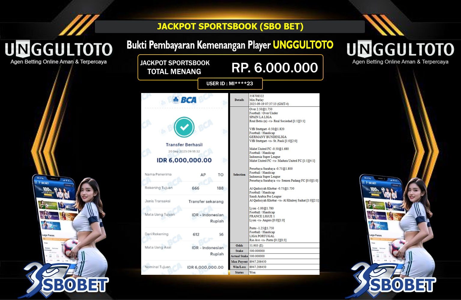 UNGGULTOTO JACKPOT SPORTSBOOK (SBO BET) Rp.6.000.000,- LUNAS