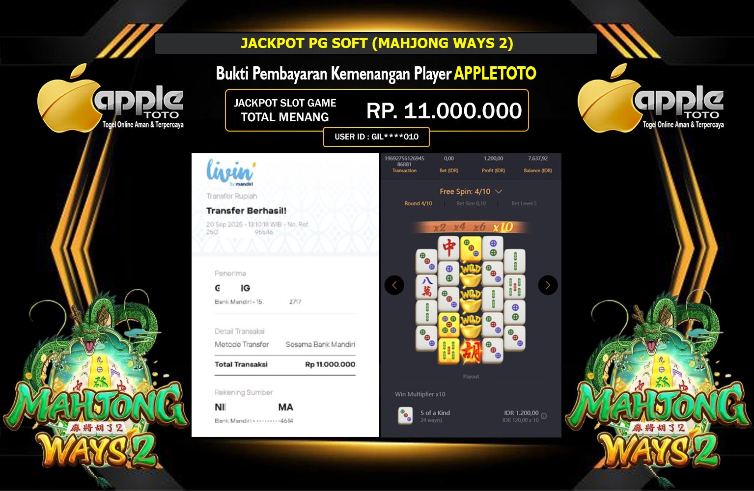 APPLETOTO JACKPOT PG SOFT (MAHJONG WAYS 2) Rp.11.000.000,- LUNAS