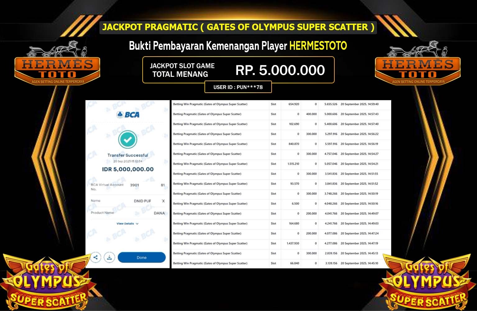 HERMESTOTO JACKPOT PRAGMATIC (Gates of Olympus Super Scatter) Rp.5.000.000,- LUNAS