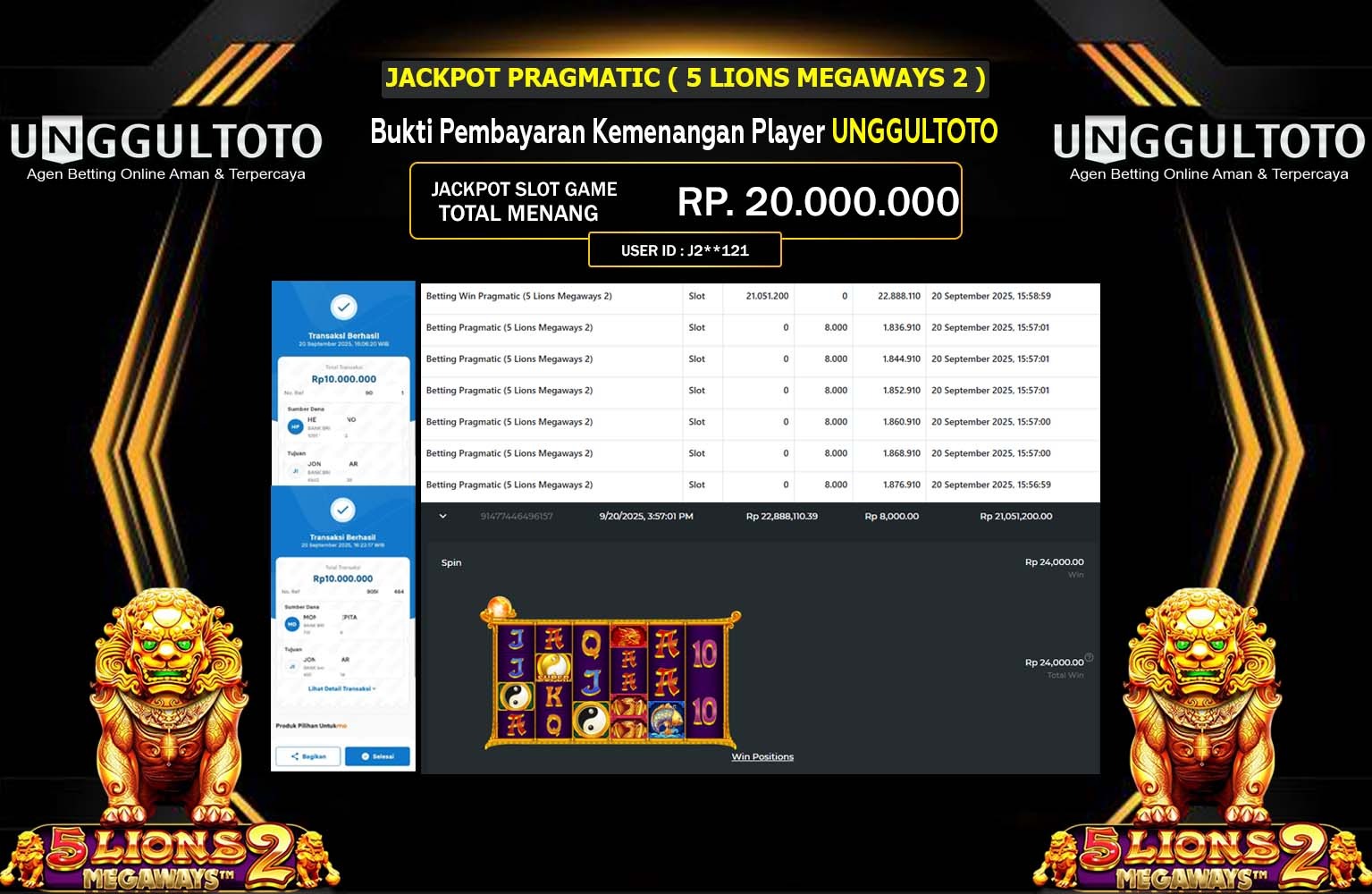 UNGGULTOTO JACKPOT PRAGMATIC (5 LIONS MEGAWAYS 2) Rp.20.000.000,- LUNAS