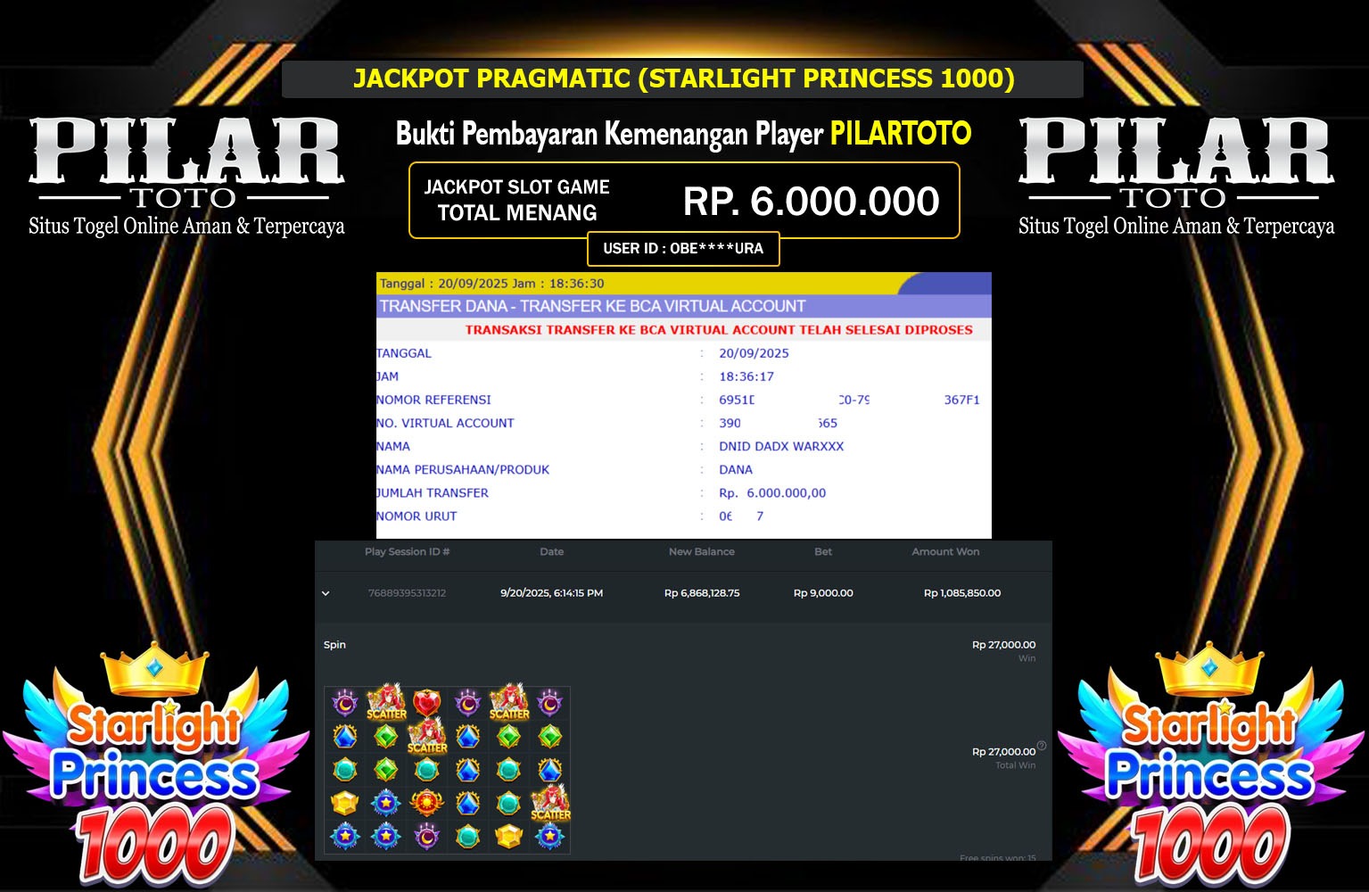 PILARTOTO JACKPOT PRAGMATIC (STARLIGHT PRINCESS 1000) Rp.6.000.000,- LUNAS