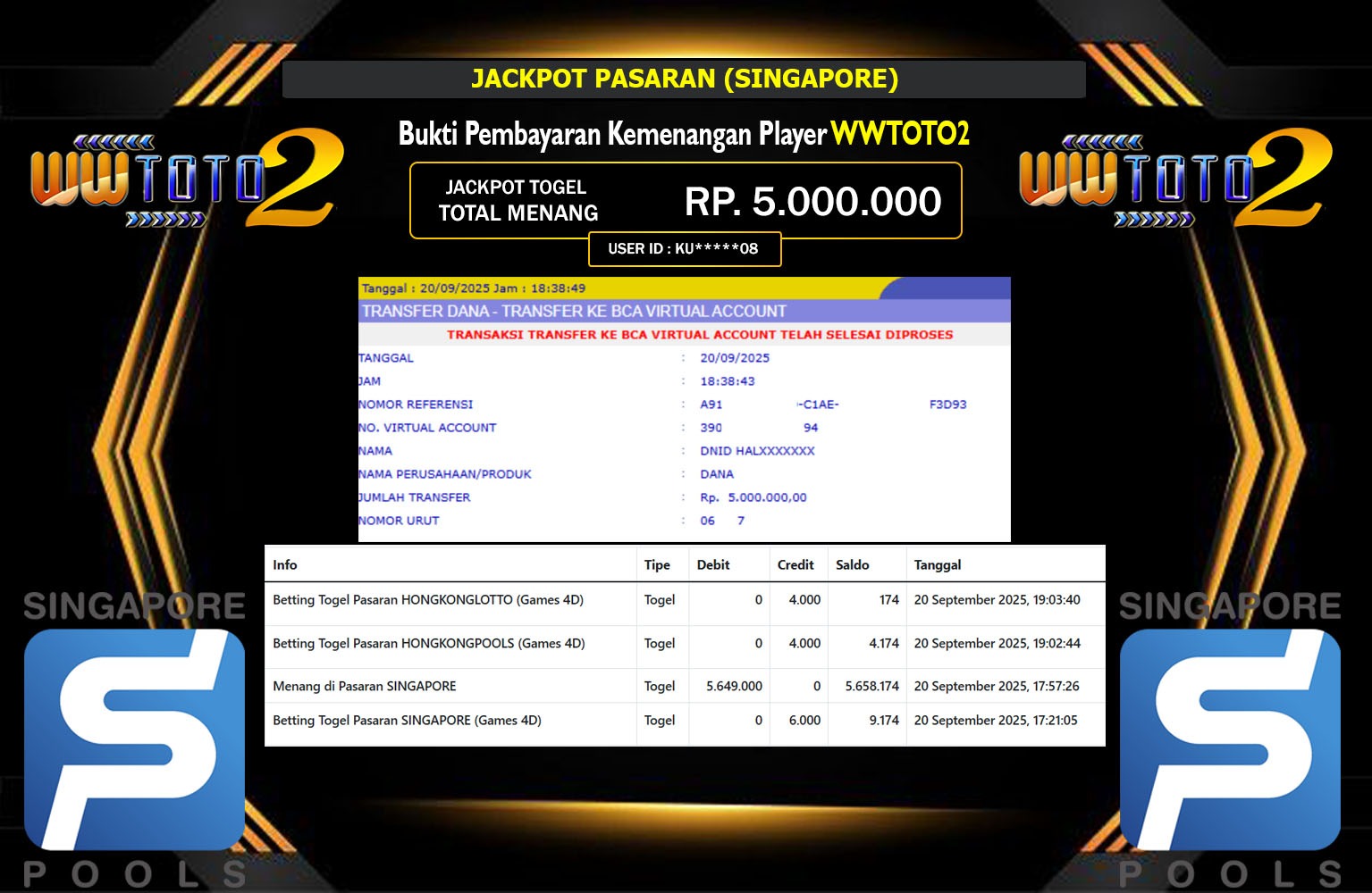 WWTOTO2 JACKPOT PASARAN (SINGAPORE) Rp.5.000.000,- LUNAS