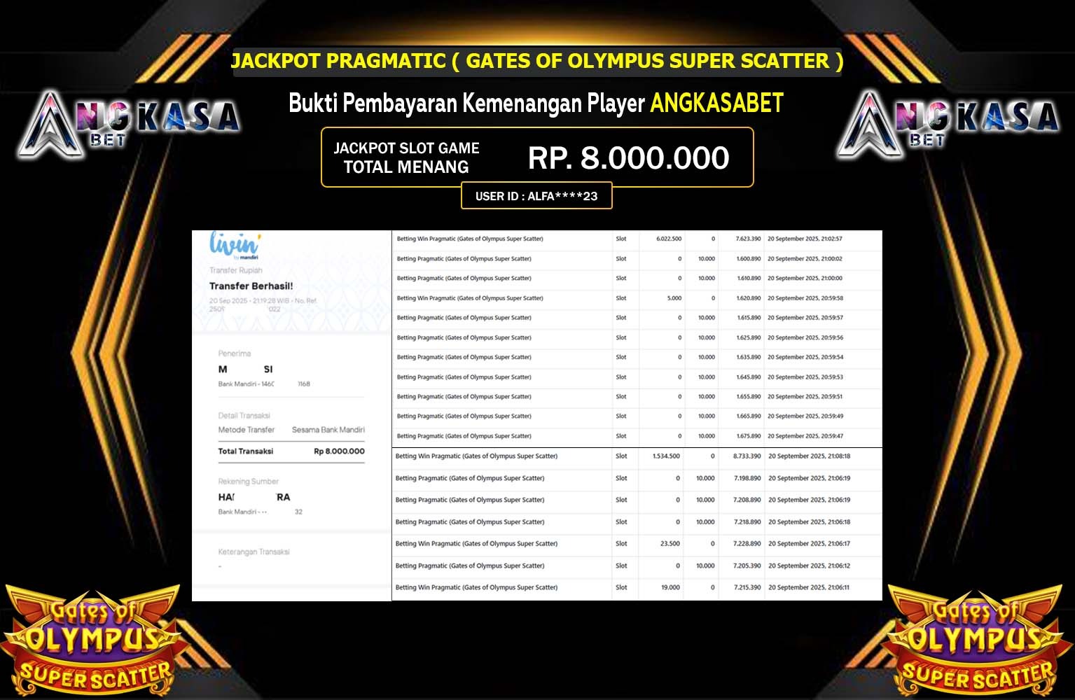 ANGKASABET JACKPOT PRAGMATIC (Gates of Olympus Super Scatter) Rp.8.000.000,- LUNAS