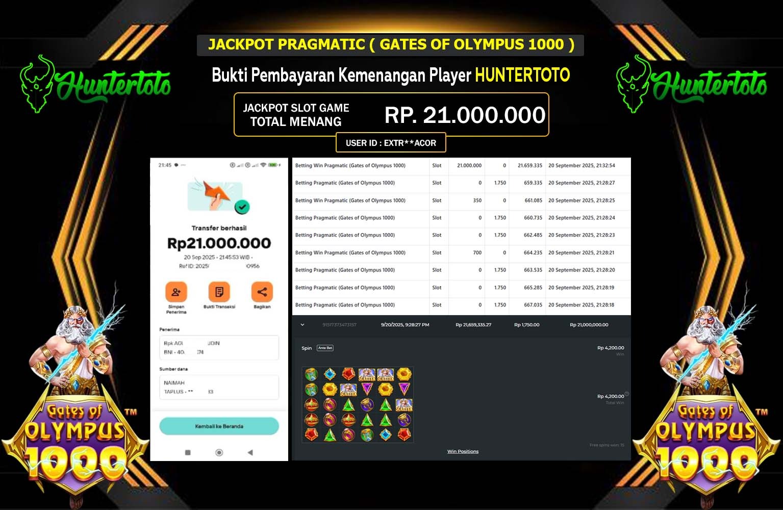 HUNTERTOTO JACKPOT PRAGMATIC (GATES OF OLYMPUS 1000) Rp.21.000.000,- LUNAS