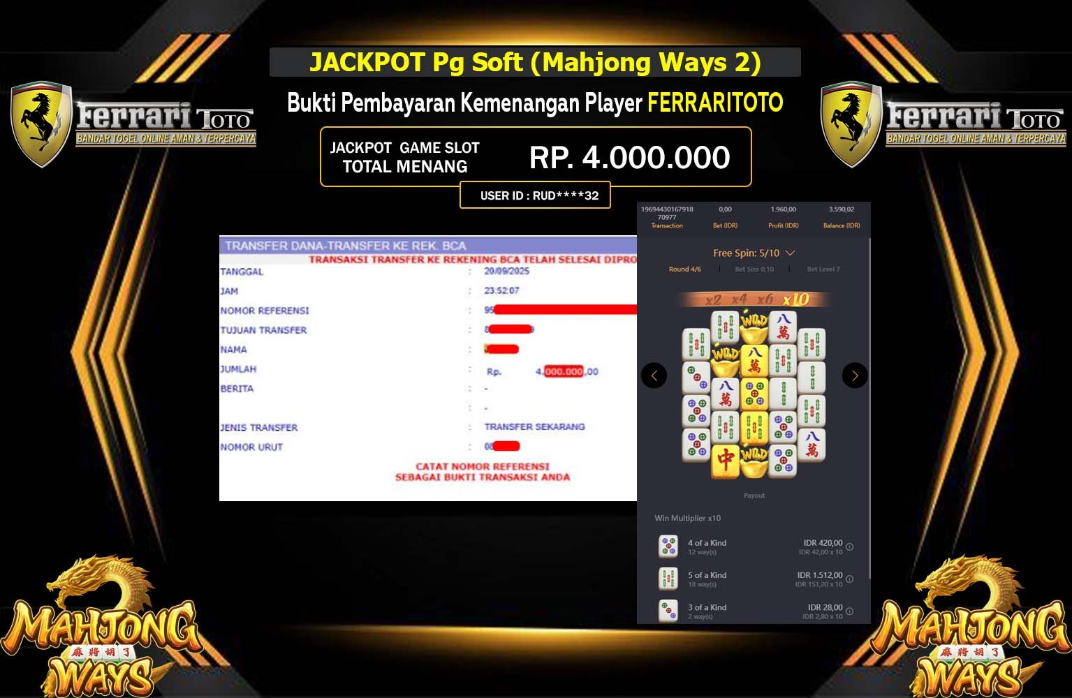 FERRARITOTO JACKPOT Pg Soft (Mahjong Ways 2) Rp.4.000.000,- LUNAS