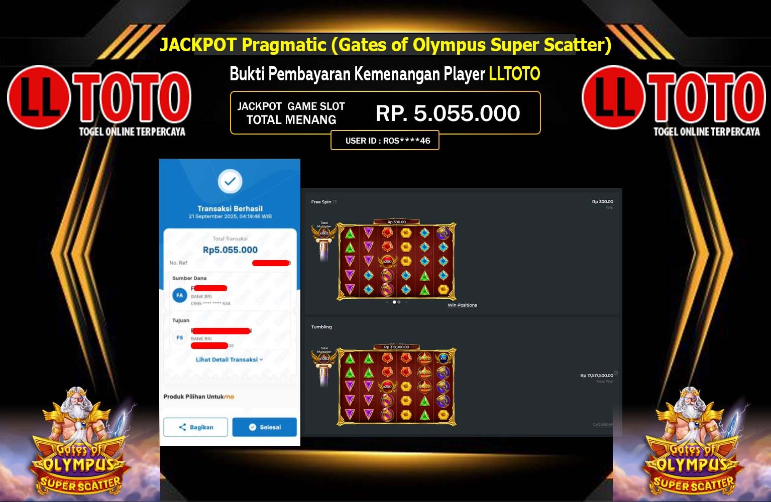 LLTOTO JACKPOT Pragmatic (Gates of Olympus Super Scatter) Rp.5.055.000,- LUNAS