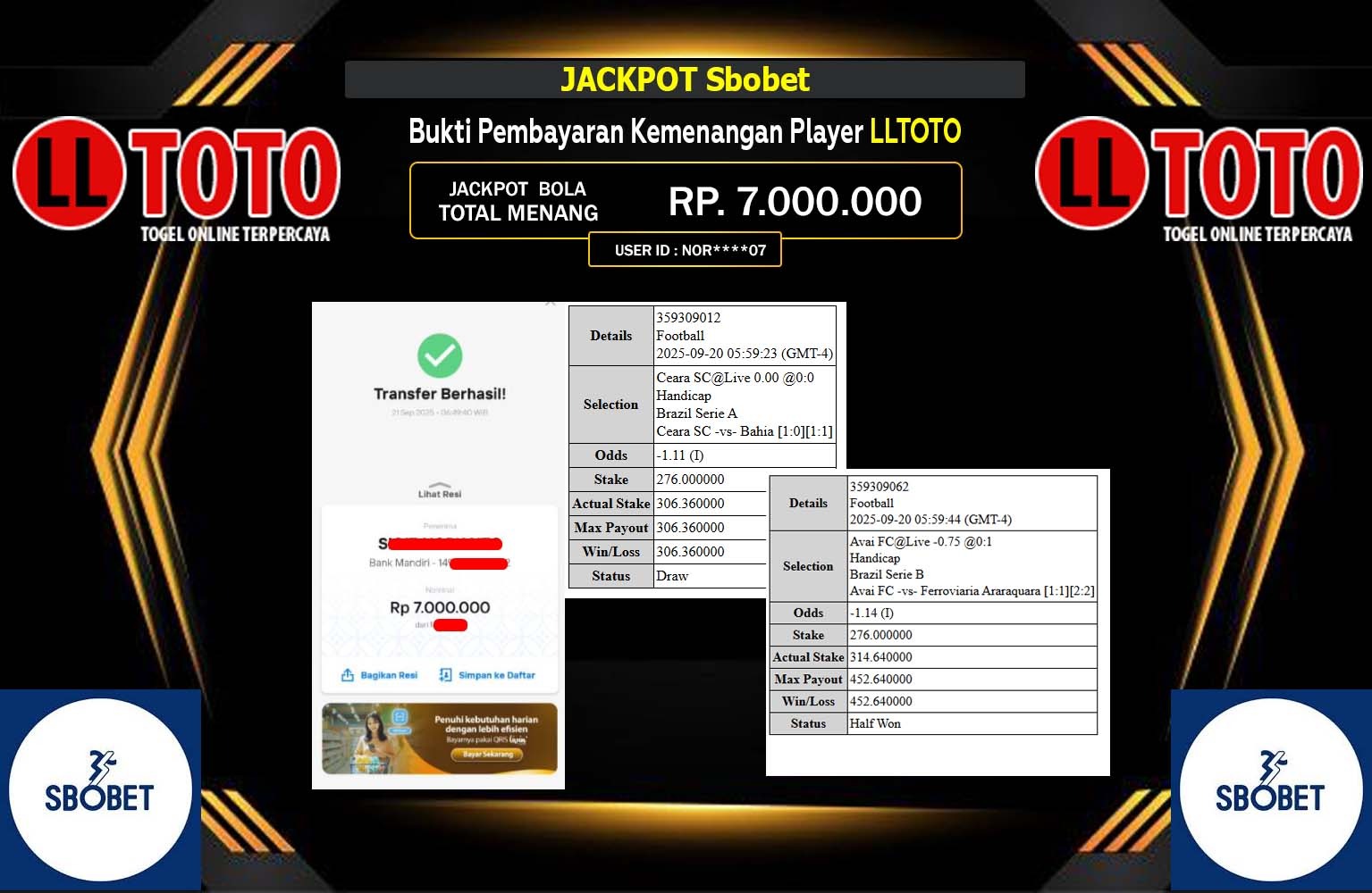 LLTOTO JACKPOT SBOBET Rp.7.000.000,- LUNAS