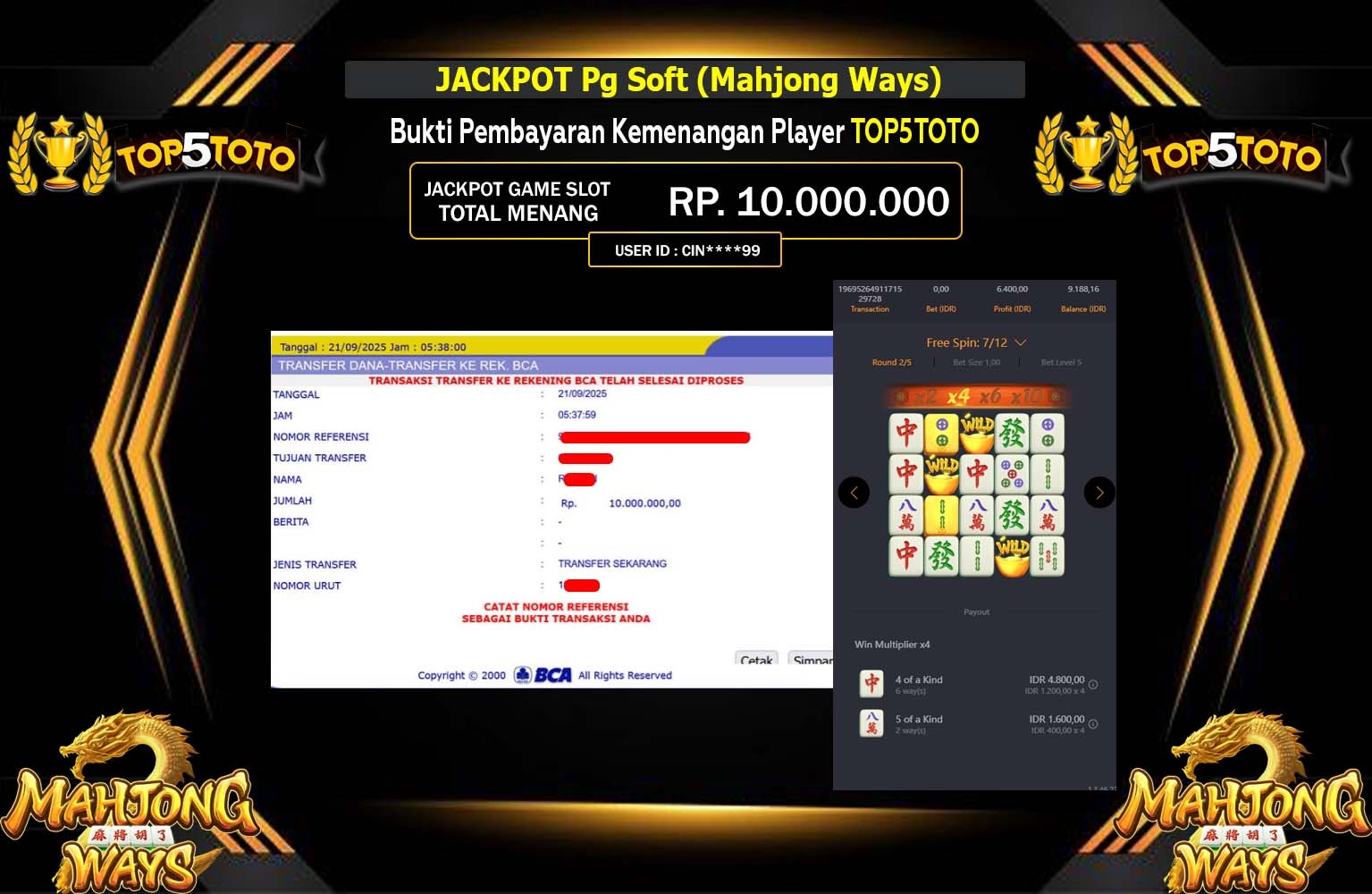 TOP5TOTO JACKPOT PG SOFT (MAHJONG WAYS 2) Rp.10.000.000,- LUNAS