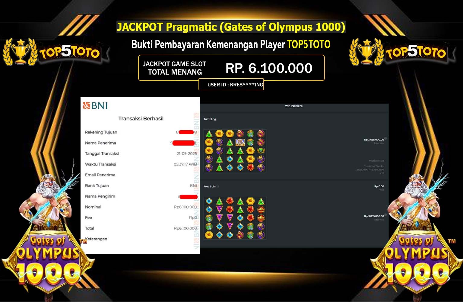 TOP5TOTO JACKPOT Pragmatic (Gates of Olympus 1000) Rp.6.100.000,- LUNAS