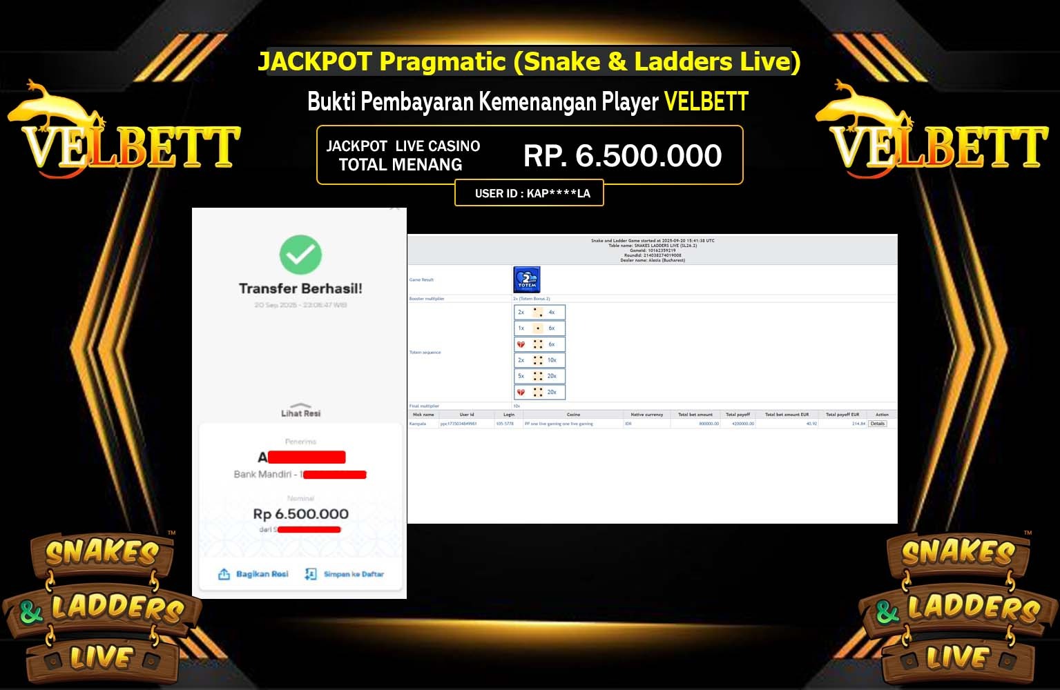 VELBETT JACKPOT Pragmatic (Snake & Ladders Live) Rp.6.500.000,- LUNAS