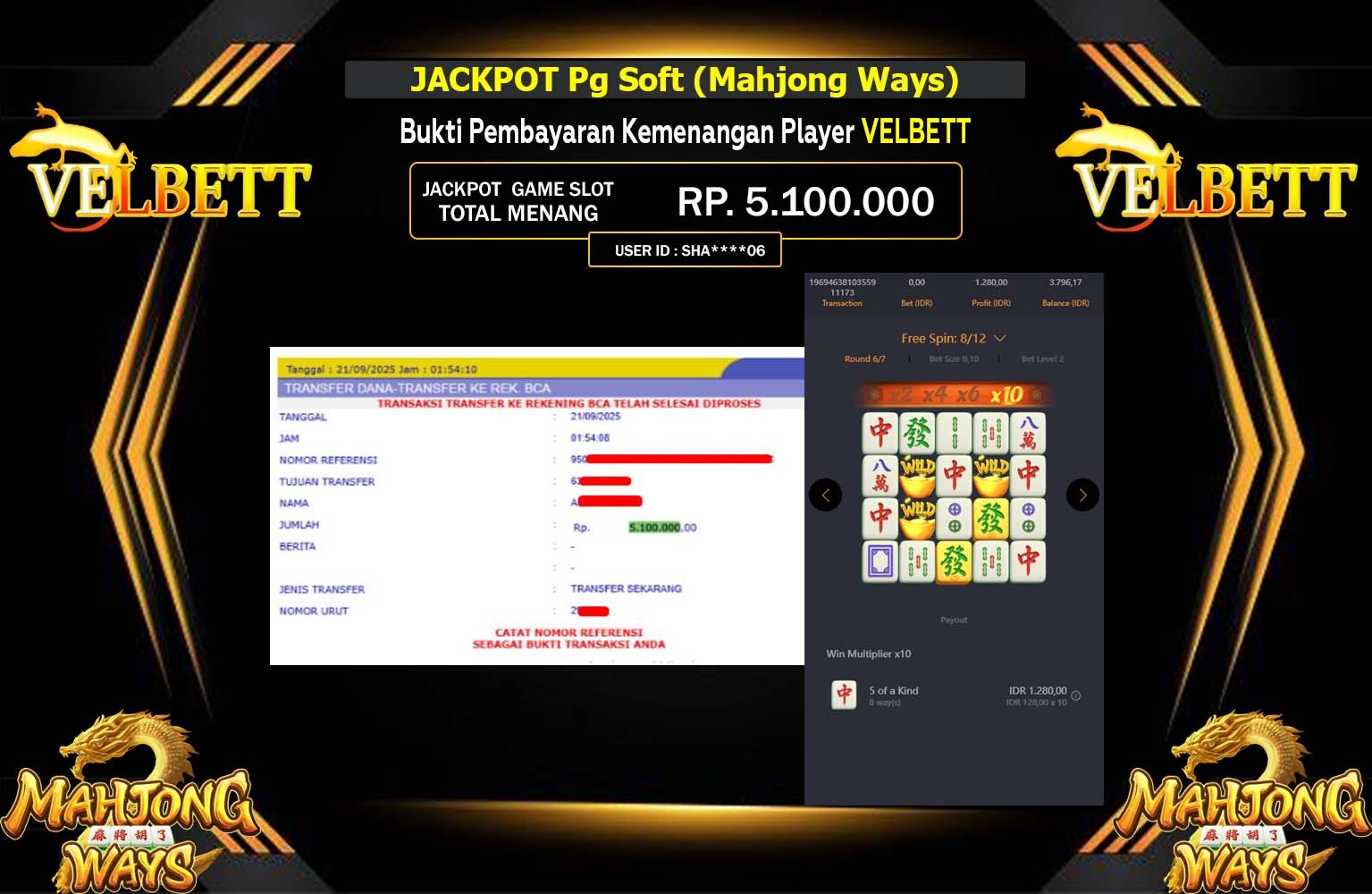 VELBETT JACKPOT Pg Soft (Mahjong Ways) Rp.5.100.000,- LUNAS