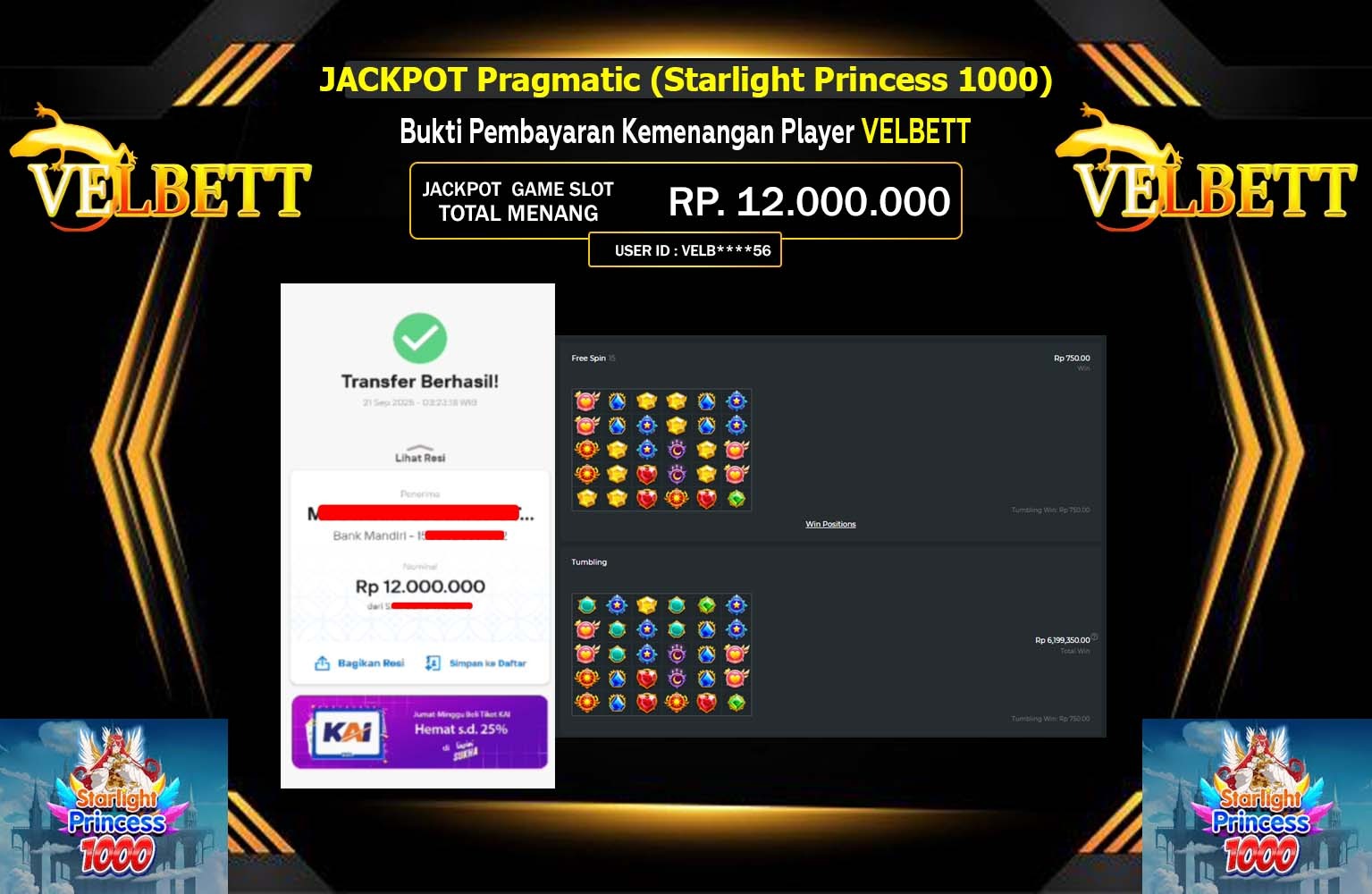 VELBETT JACKPOT Pragmatic (Starlight Princess 1000) Rp.12.000.000,- LUNAS
