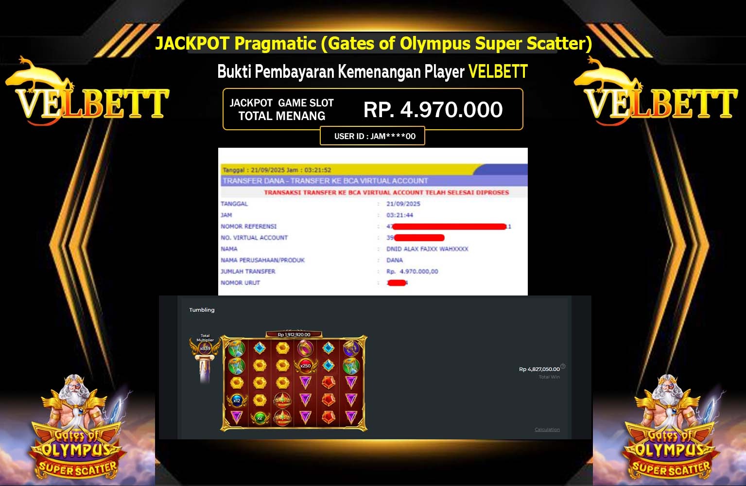 VELBETT JACKPOT Pragmatic (Gates of Olympus Super Scatter) Rp.4.970.000,- LUNAS