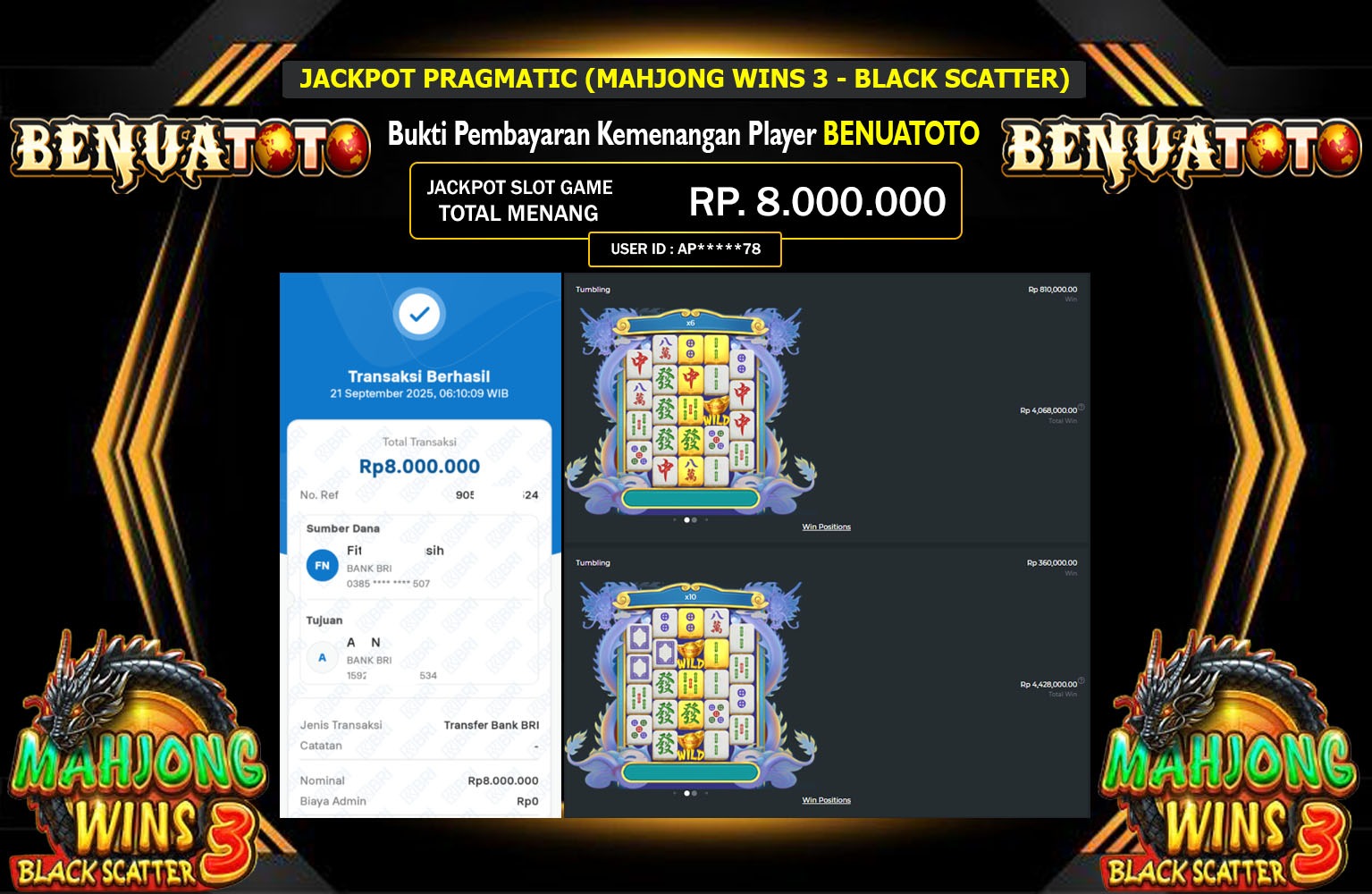 BENUATOTO JACKPOT PRAGMATIC (MAHJONG WINS 3 - BLACK SCATTER) Rp.8.000.000,- LUNAS