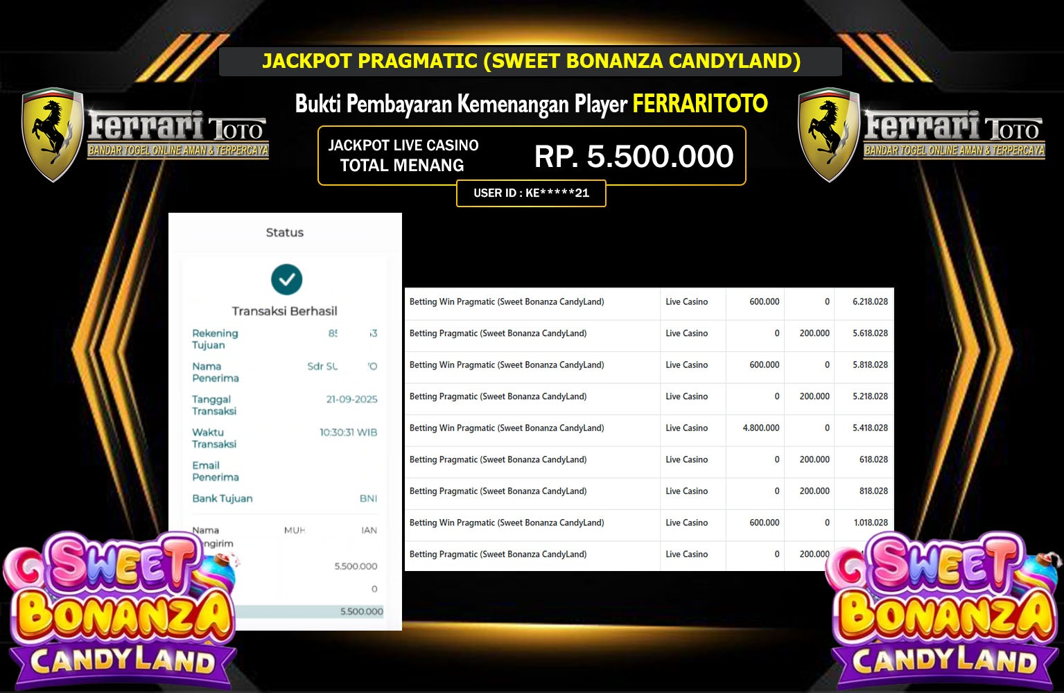 FERRARITOTO JACKPOT PRAGMATIC (SWEET BONANZA CANDYLAND) Rp.5.500.000,- LUNAS