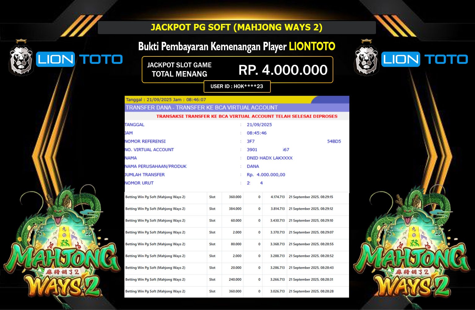 LIONTOTO JACKPOT PG SOFT (MAHJONG WAYS 2) Rp.4.000.000,- LUNAS