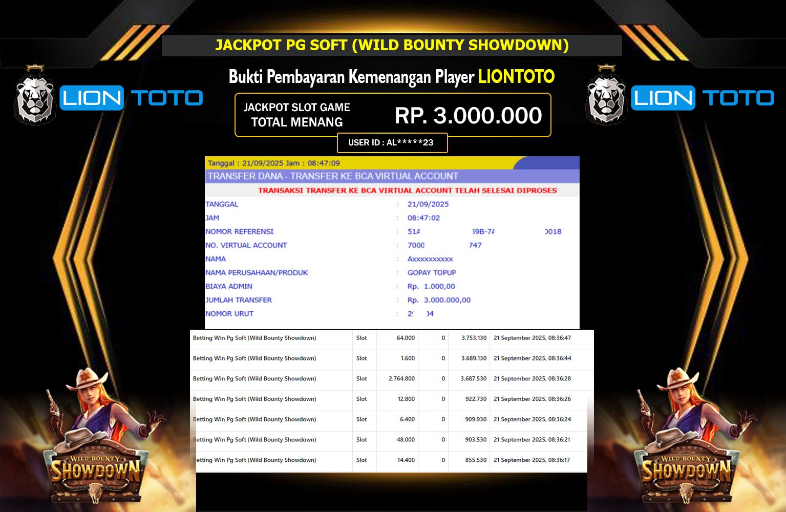 LIONTOTO JACKPOT PG SOFT (WILD BOUNTY SHOWDOWN) Rp.3.000.000,- LUNAS