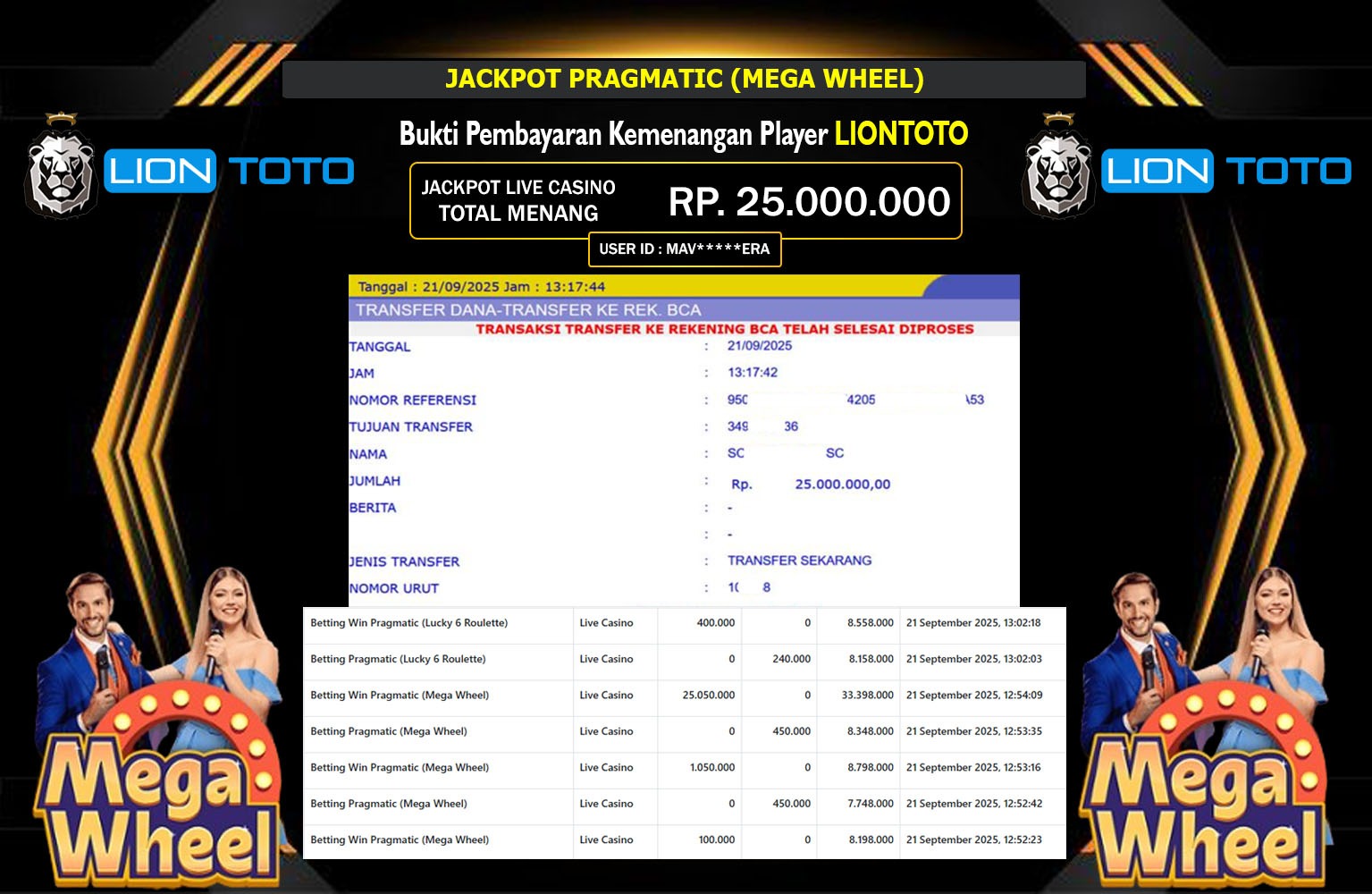 LIONTOTO JACKPOT PRAGMATIC (MEGA WHEEL) Rp.25.000.000,- LUNAS