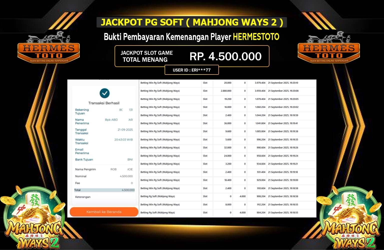 HERMESTOTO JACKPOT PG SOFT (MAHJONG WAYS 2) Rp.4.500.000,- LUNAS