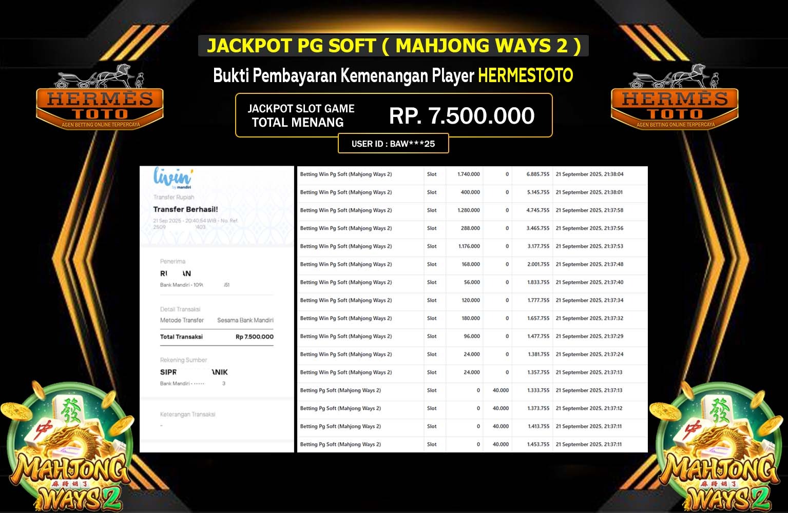 HERMESTOTO JACKPOT PG SOFT (MAHJONG WAYS 2) Rp.7.500.000,- LUNAS