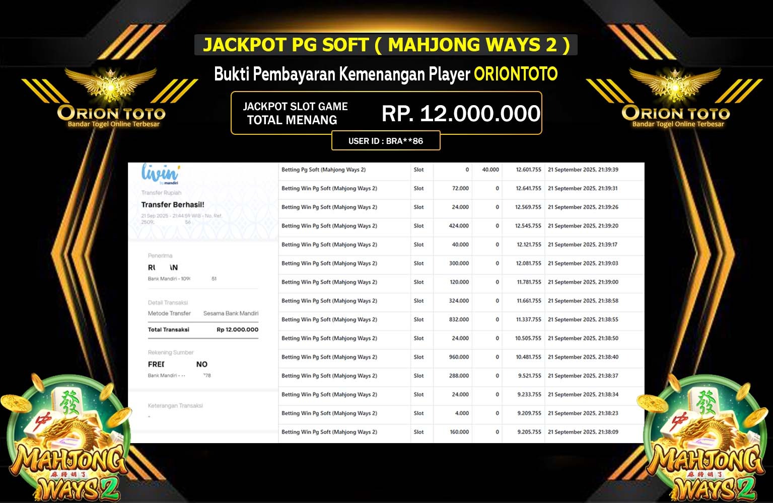ORIONTOTO JACKPOT PG SOFT (MAHJONG WAYS 2) Rp.12.000.000,- LUNAS