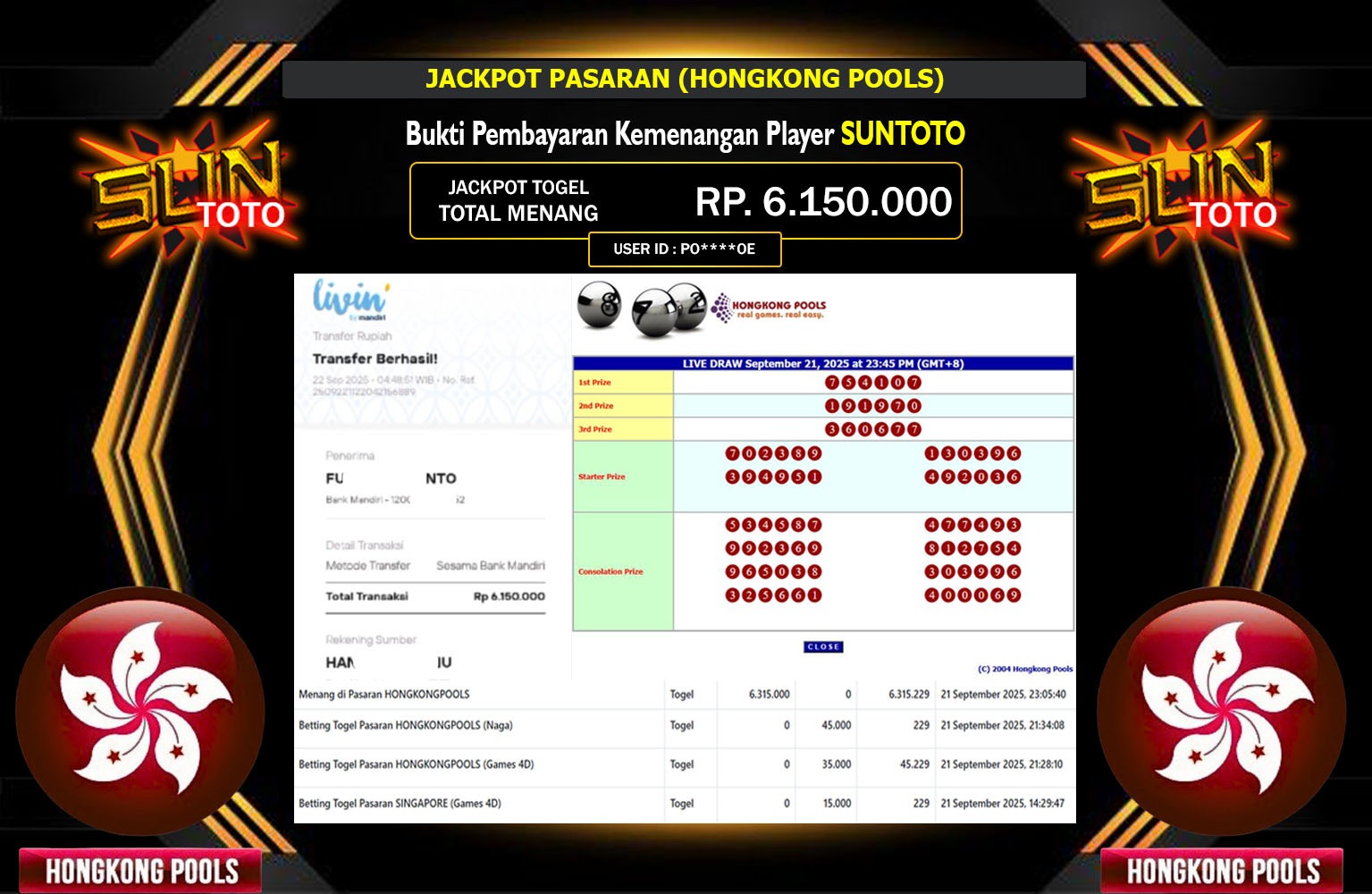 SUNTOTO JACKPOT PASARAN (HONGKONG POOLS) Rp.6.150.000,- LUNAS