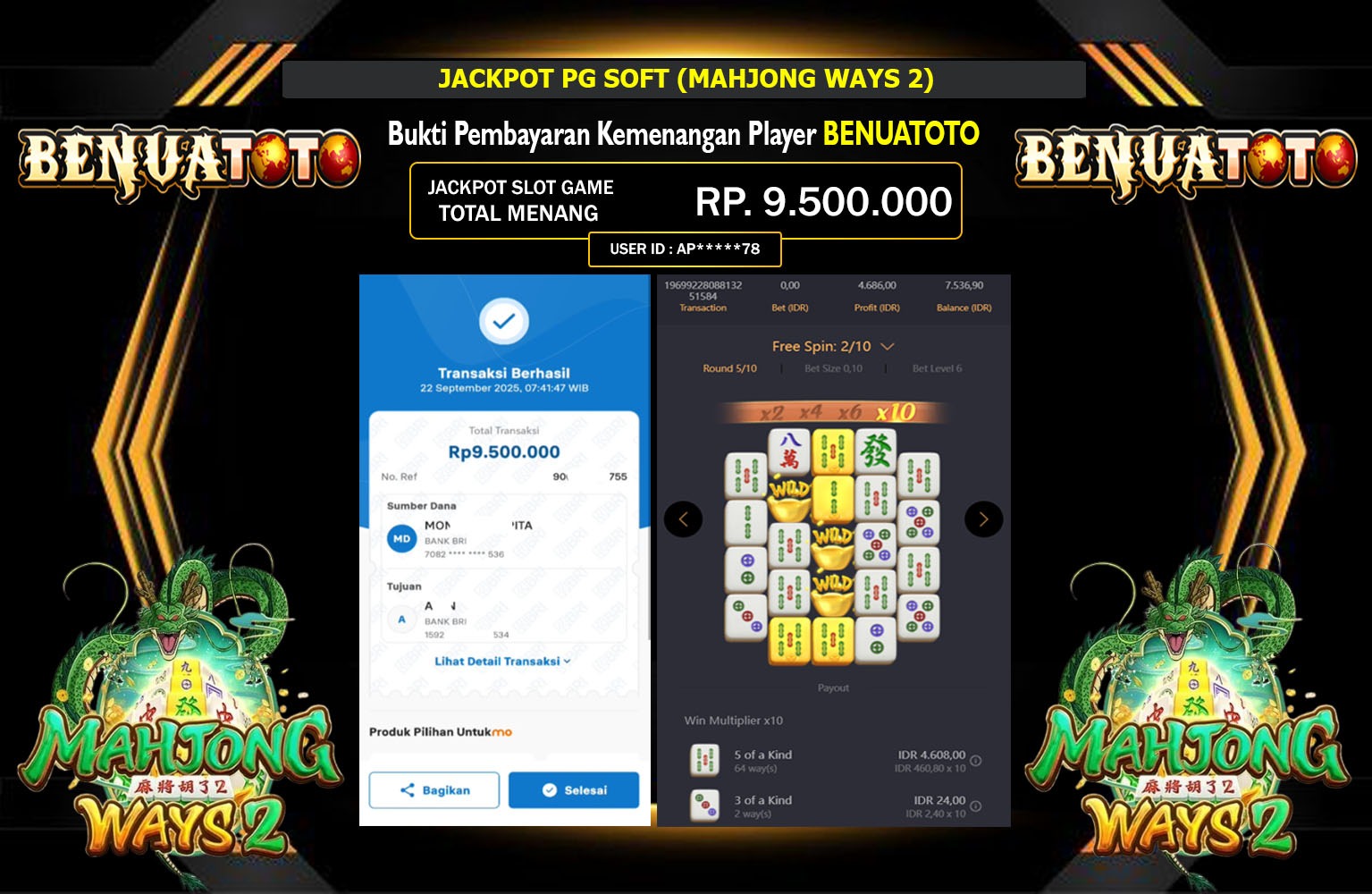 BENUATOTO JACKPOT PG SOFT (MAHJONG WAYS 2) Rp.9.500.000,- LUNAS