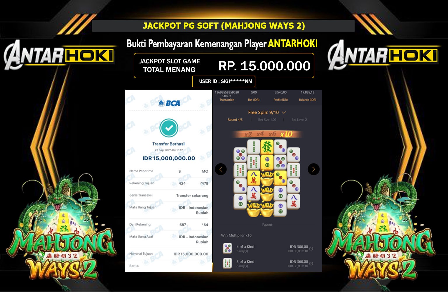 ANTARHOKI JACKPOT PG SOFT (MAHJONG WAYS 2) Rp.15.000.000,- LUNAS
