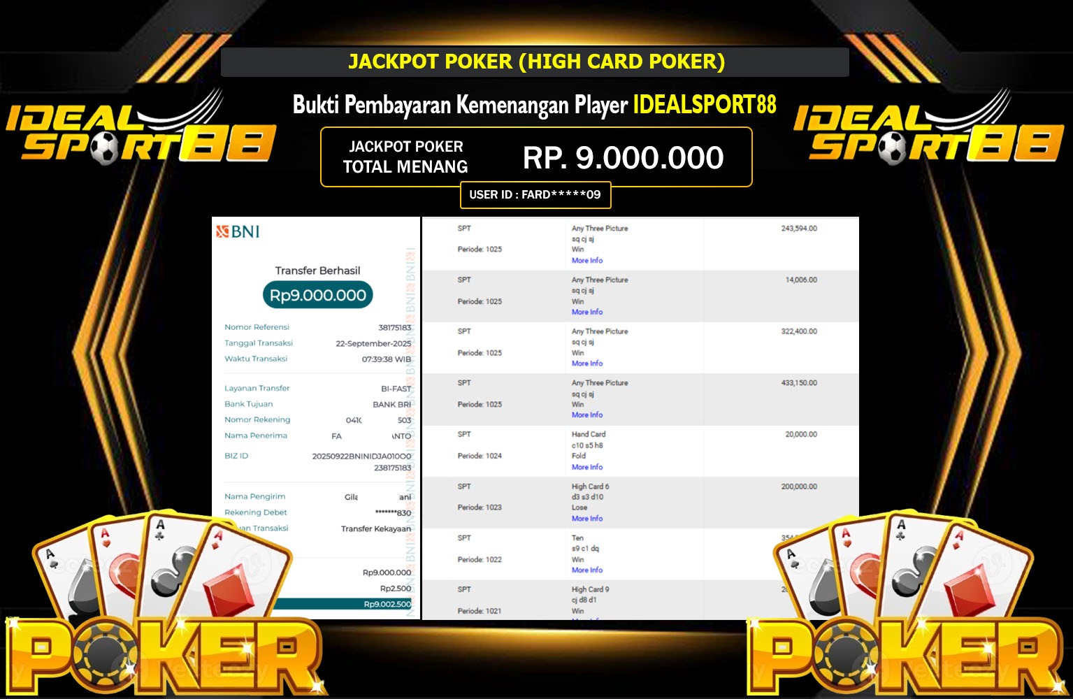 IDEALSPORT88 JACKPOT POKER (HIGH CARD POKER) Rp.9.000.000,- LUNAS