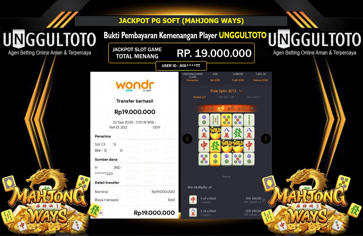 UNGGULTOTO JACKPOT PG SOFT (MAHJONG WAYS) Rp.19.000.000,- LUNAS