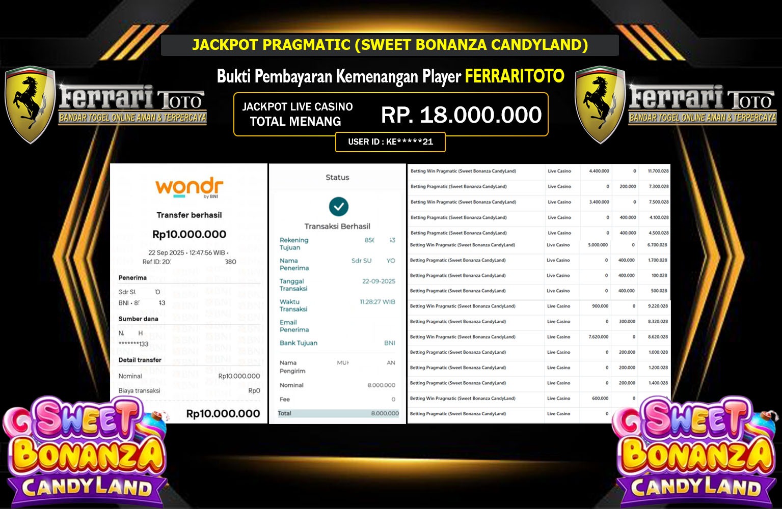 FERRARITOTO JACKPOT PRAGMATIC (SWEET BONANZA CANDYLAND) Rp.18.000.000,- LUNAS