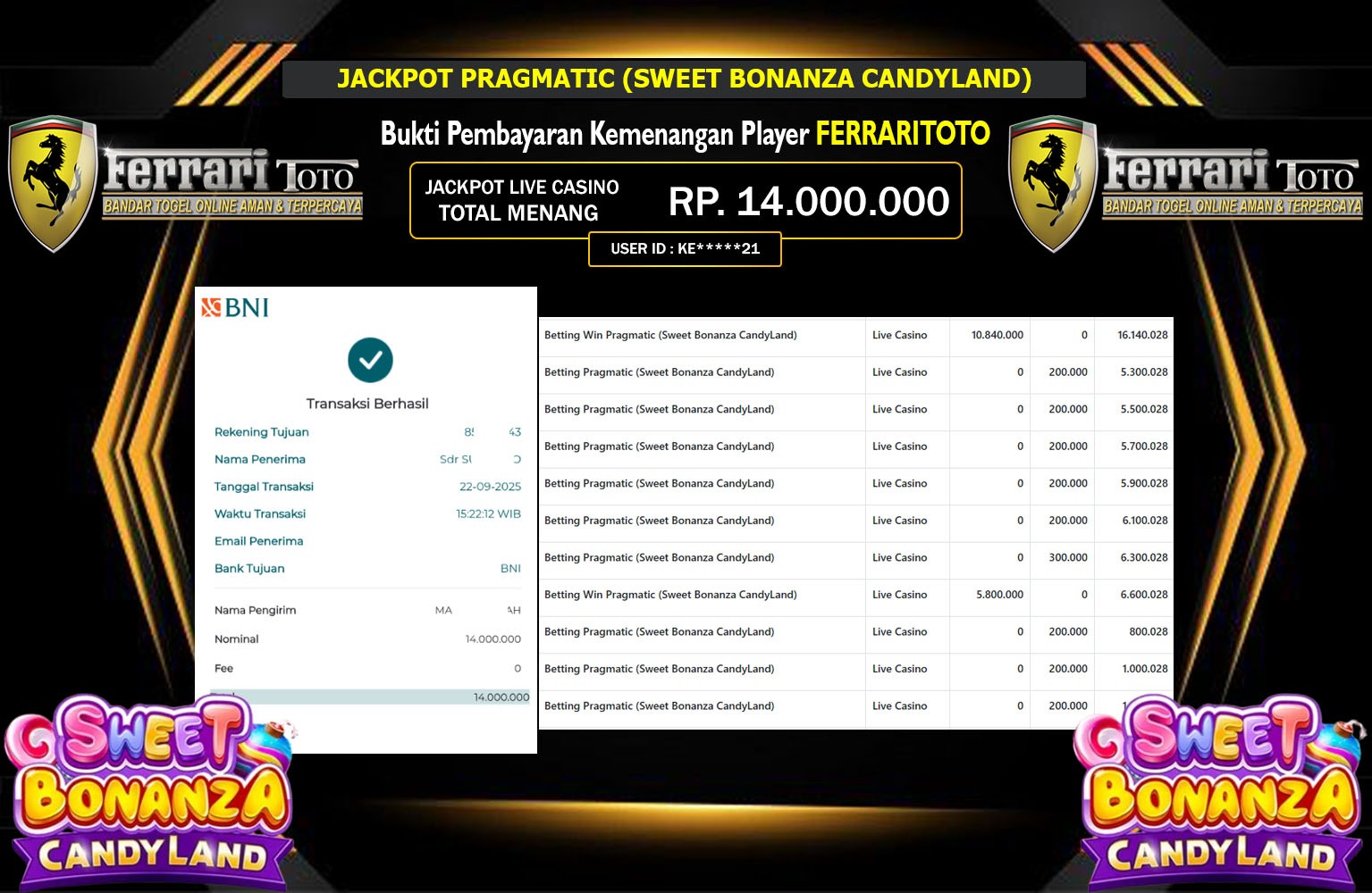 FERRARITOTO JACKPOT PRAGMATIC (SWEET BONANZA CANDYLAND) Rp.14.000.000,- LUNAS